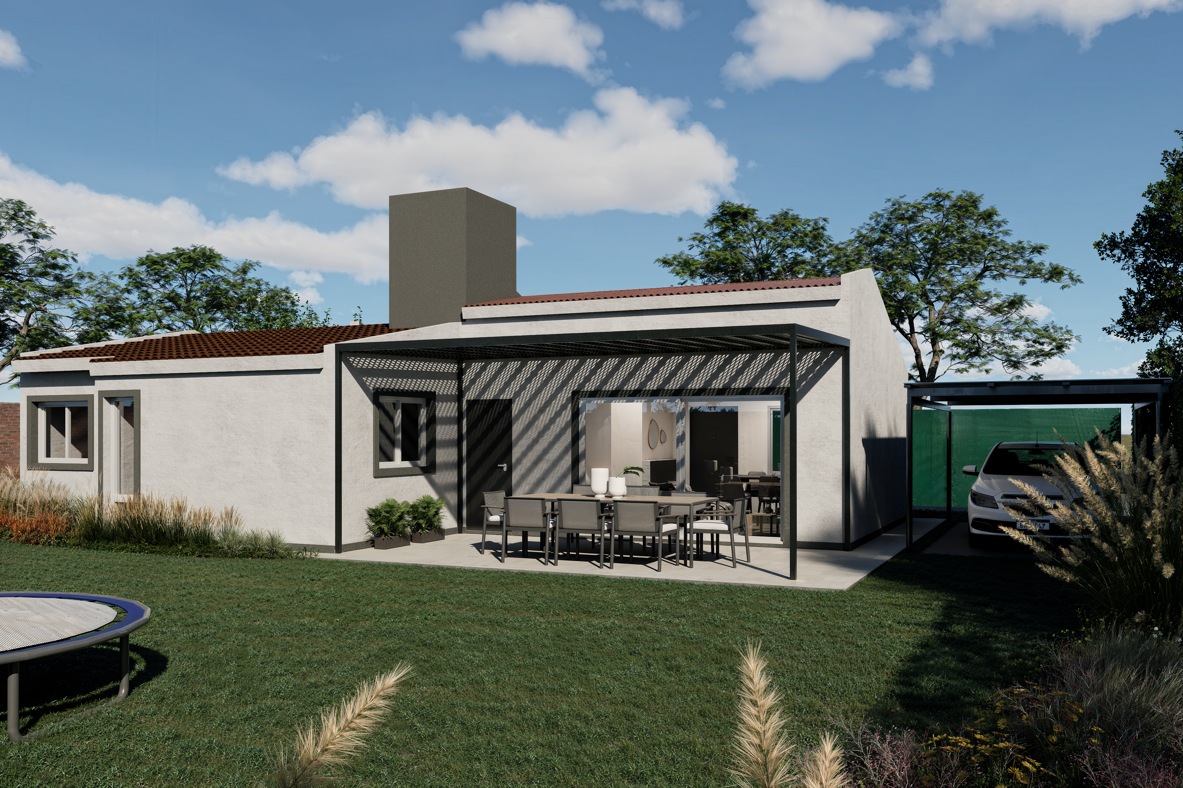Render de la vista posterior, con galería y pérgola