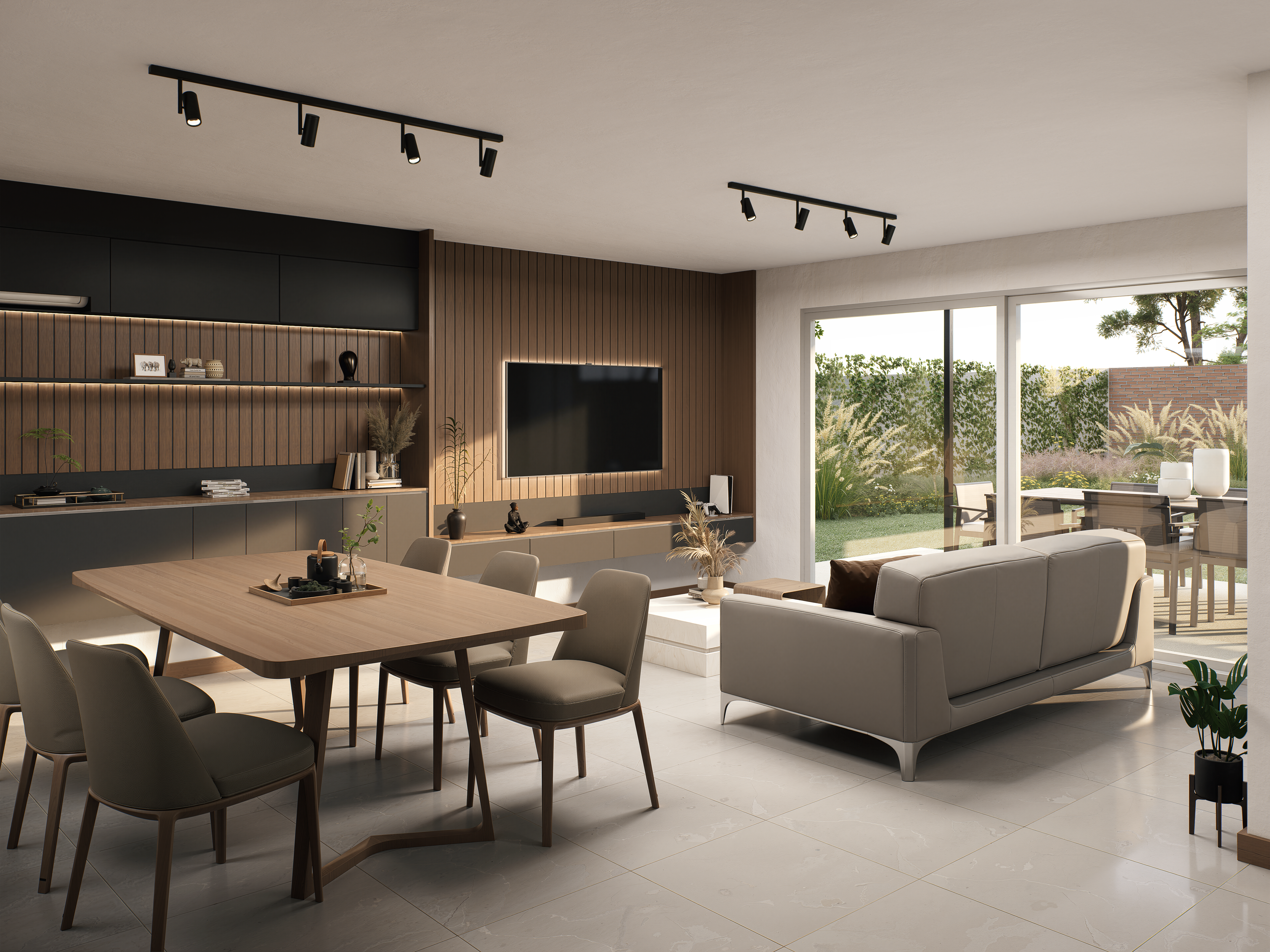 Render del estar-comedor, primer ángulo