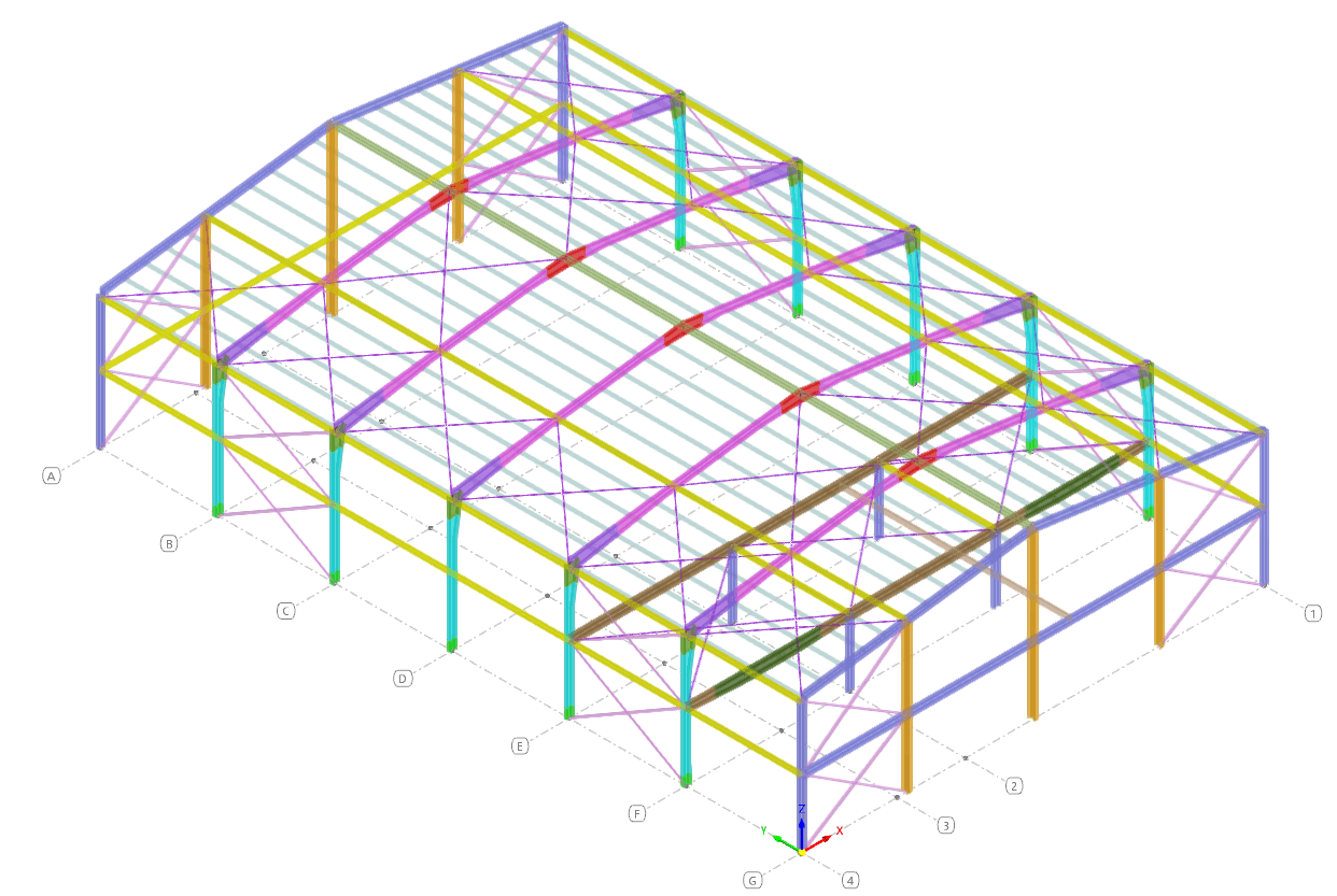 Isometric view of the complete structural model of the sports complex