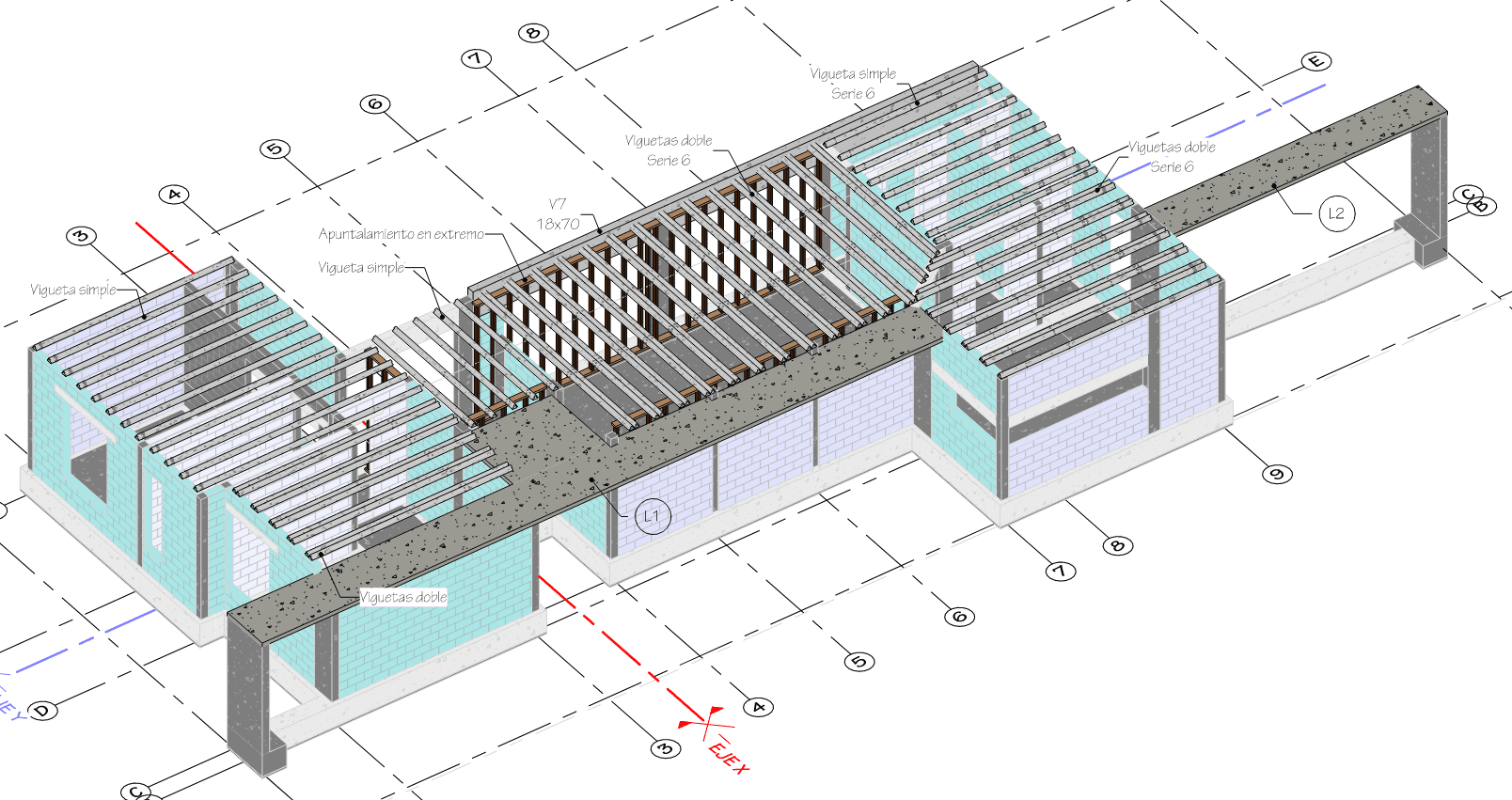 3D model of the roof structure: joist framing and the gallery's cantilever beam