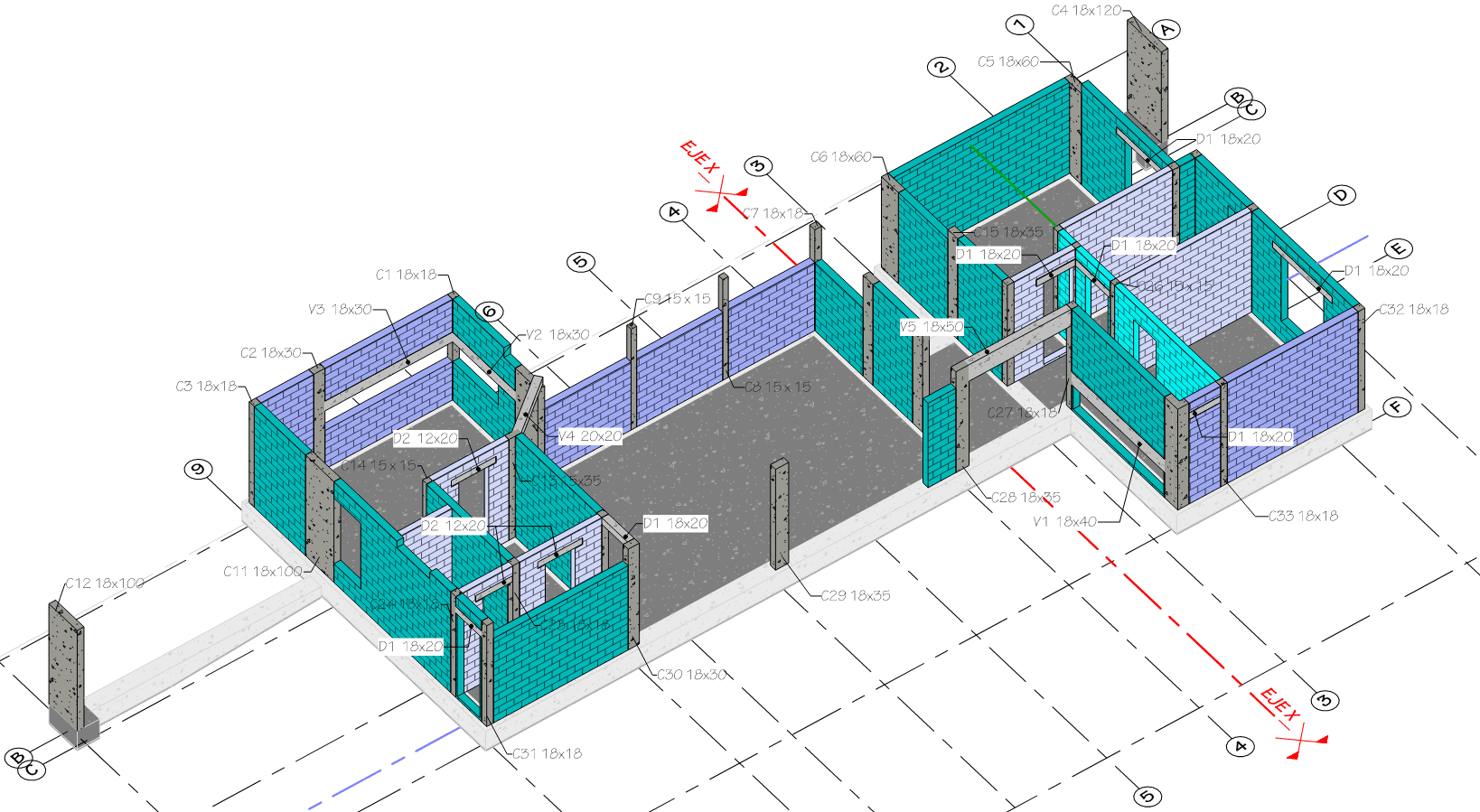 3D model of the ground-floor structure: walls, columns and beams