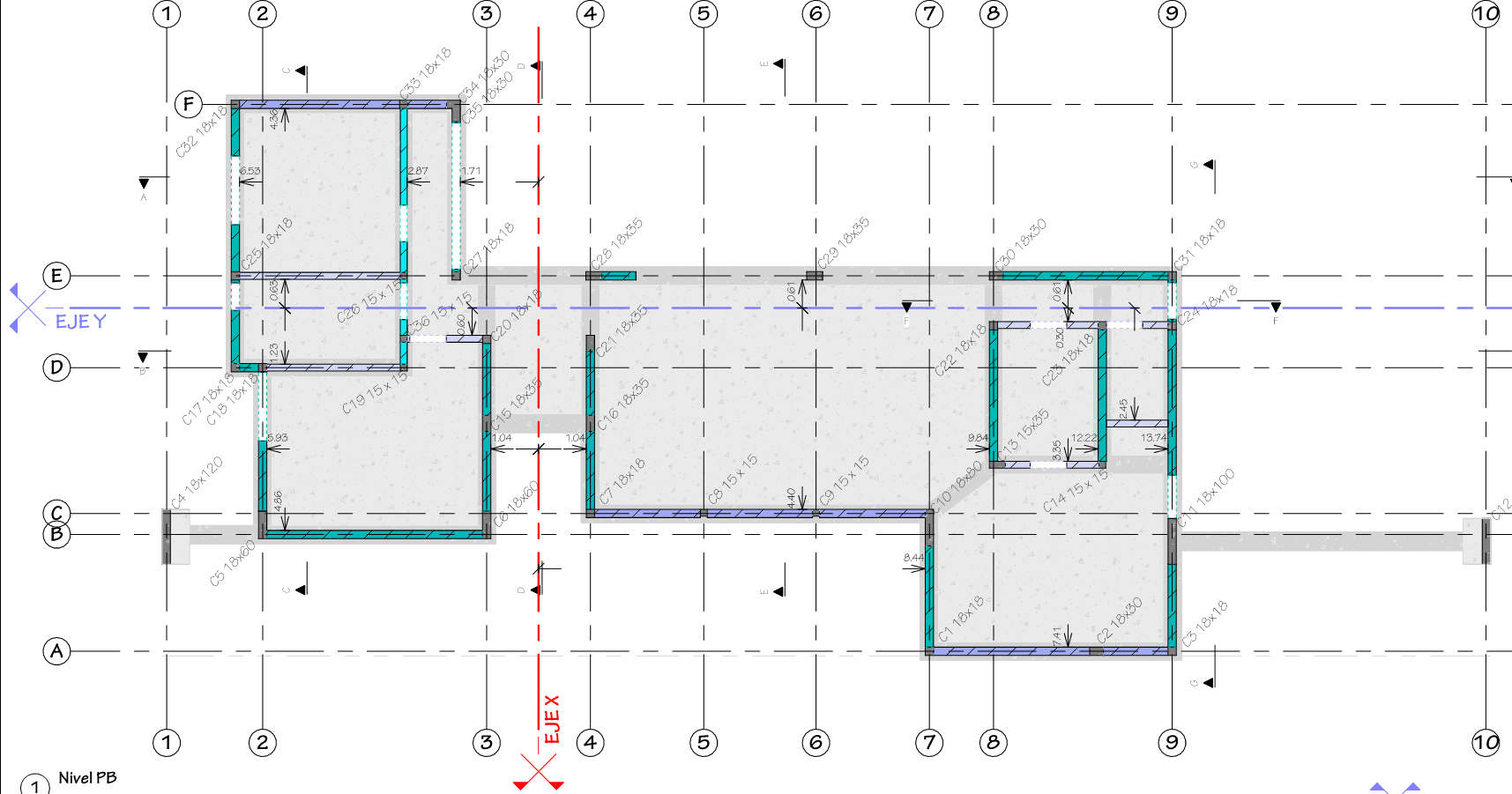 Ground-floor structural plan with axis grid and columns