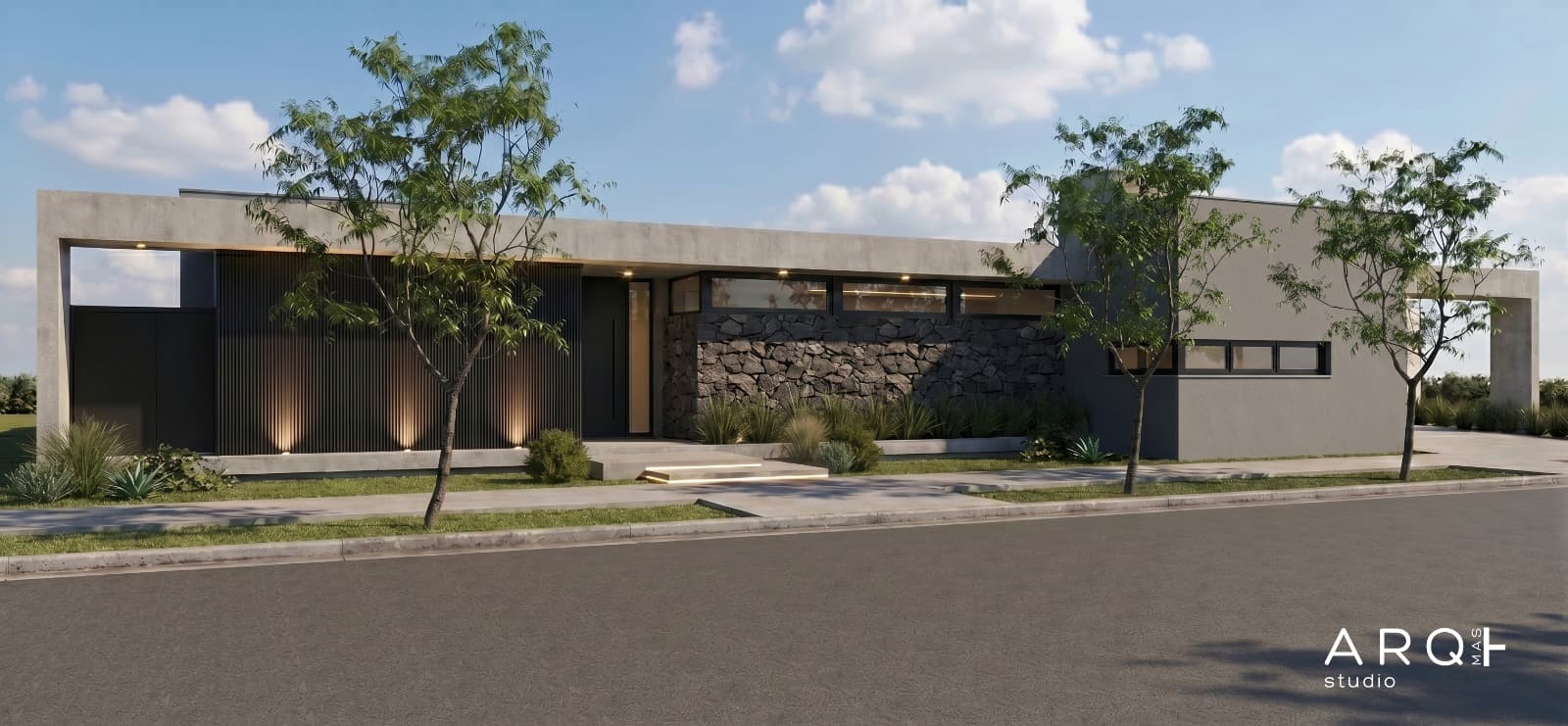Render of the house's front façade, daytime view