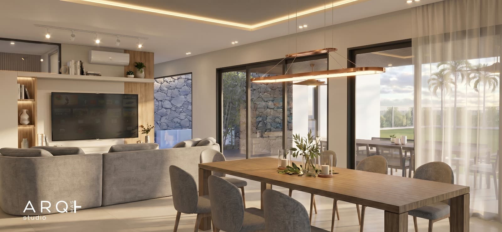 Render of the integrated living-dining area